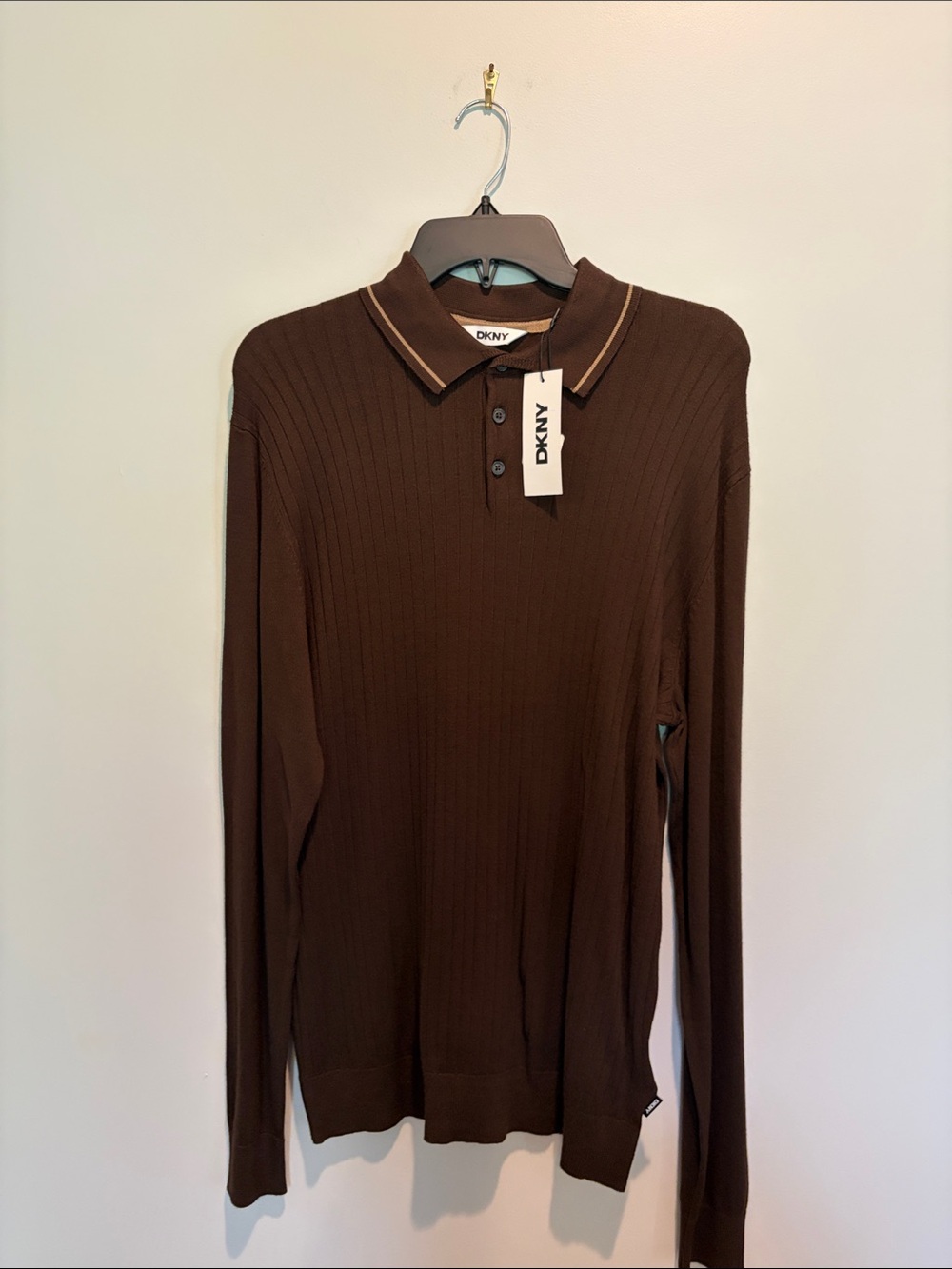 DKNY Men’s Brown Long-Sleeve Ribbed Polo with Contrast Trim